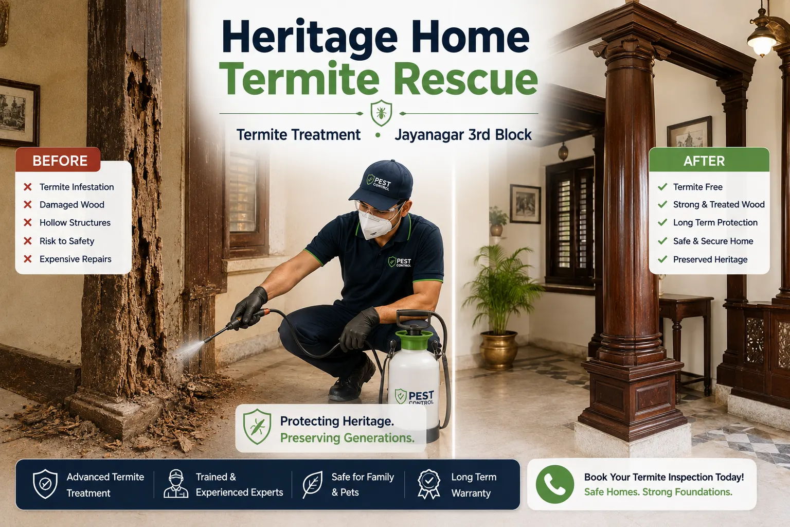 Before and after termite treatment in a Jayanagar heritage home - from termite-damaged, hollowed wooden pillars to strong, treated and preserved woodwork
